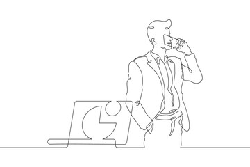 Continuous one line drawing businessman talking on the phone. Man working with laptop. Working on computer. Negotiations. One continuous line isolated minimal illustration.