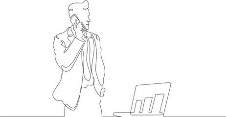 Continuous one line drawing businessman talking on the phone. Man working with laptop. Working on computer. Negotiations. One continuous line isolated minimal illustration.