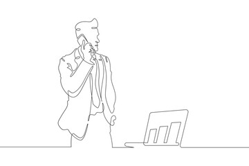 Continuous one line drawing businessman talking on the phone. Man working with laptop. Working on computer. Negotiations. One continuous line isolated minimal illustration.