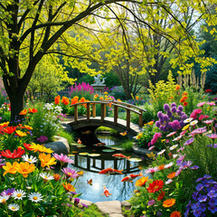 Obraz premium Colorful Flowers Surrounding a Pond in a Spring Garden