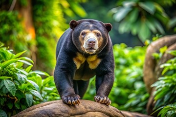 A majestic Malaysian sun bear, with its short, sleek fur and cream-colored chest marking, roams leisurely through a