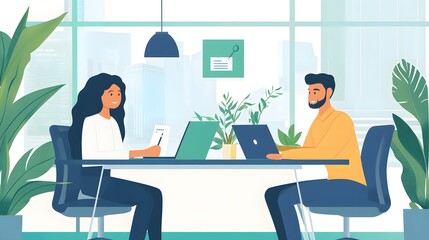 Two people in a modern office setting working on laptops