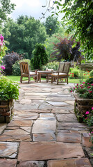 Fototapeta premium Hard landscaping, new luxury stone patio and garden of an English home