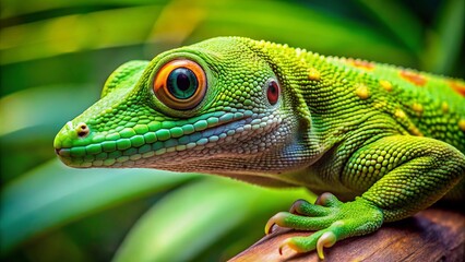 A tiny but vibrant green gecko boasts a striking appearance, its spiky scales and prehensile tail a testament