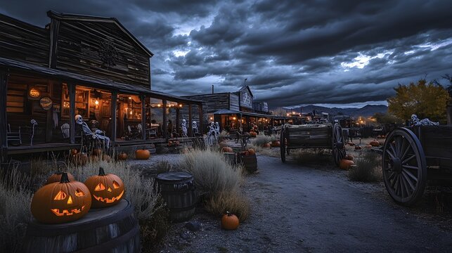 A spooky Wild West ghost town at dusk with old wooden saloons and abandoned wagons, decorated with pumpkins and skeletons under a dark, cloudy sky, creating a Halloween atmosphere 