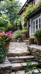 Obraz premium Hard landscaping, new luxury stone patio and garden of an English home