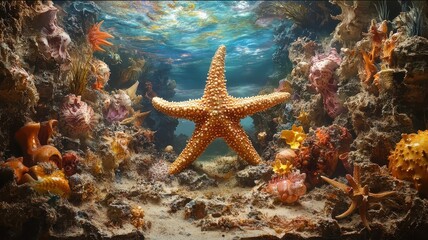 Starfish in a surreal setting, surrounded by imaginative and dreamlike elements, creating an otherworldly, fantastical scene.