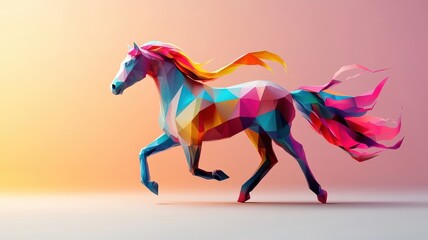 Horse in a stylized 3D illustration, featuring geometric shapes and bright, modern colors for a contemporary artistic effect.