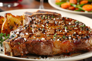 Savory T-bone steak with caramelized crust, fresh herbs, and side dishes served on a rustic platter