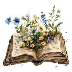 Vector watercolor painting of flowers growing from an old open book, hand-painted isolated on a white background
