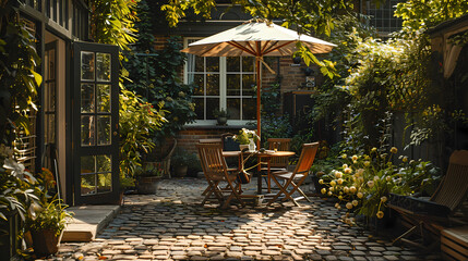 Obraz premium London garden in summer with patio, wooden garden furniture and a parasol or sun umbrella
