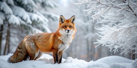 Obraz premium A majestic red fox with a thick winter coat stands alertly in a serene snowy forest, surrounded by