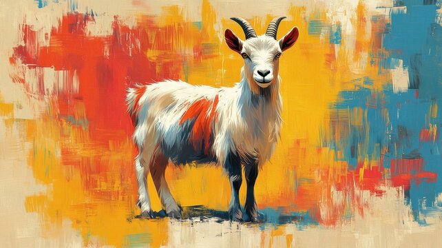 Goat rendered in Abstract Expressionism style, using bold, dynamic strokes and vivid colors to convey its lively and unique character.