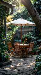 Obraz premium London garden in summer with patio, wooden garden furniture and a parasol or sun umbrella