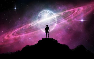 Fototapeta premium Cosmic Wanderer: A Lone Space Traveler Stands at the Edge of an Alien Cliff, Gazing at a Vast, Colorful Galaxy Filled with Swirling Nebulas and Distant, Glowing Planets in Awe-Inspiring Silence