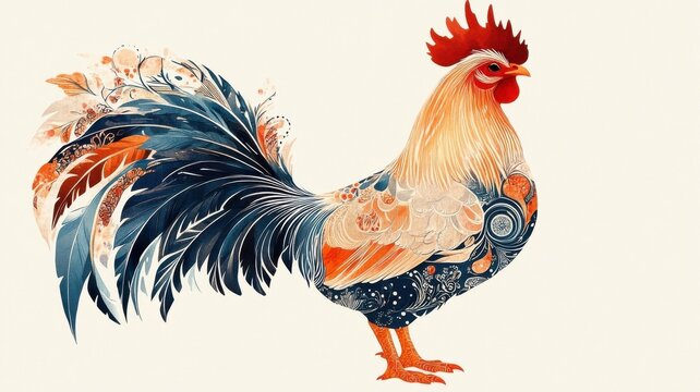 Chicken depicted in Art Nouveau style, adorned with flowing lines and intricate patterns that emphasize its charming and elegant nature.
