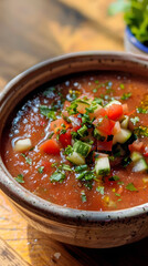 Close-up of vibrant red gazpacho topped with fresh vegetables and olive oil
