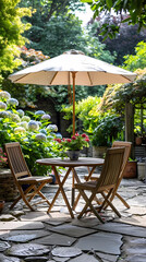Obraz premium London garden in summer with patio, wooden garden furniture and a parasol or sun umbrella