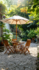 London garden in summer with patio, wooden garden furniture and a parasol or sun umbrella