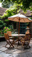 Obraz premium London garden in summer with patio, wooden garden furniture and a parasol or sun umbrella