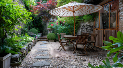Obraz premium London garden in summer with patio, wooden garden furniture and a parasol or sun umbrella