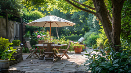 Obraz premium London garden in summer with patio, wooden garden furniture and a parasol or sun umbrella