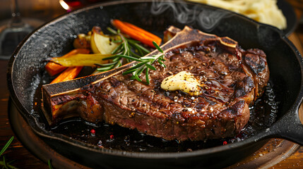 Perfectly cooked T-bone steak on a cast iron skillet with garlic butter and sides served on a rustic table