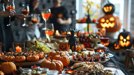 Fototapeta premium Halloween party table with themed snacks and festive decorations