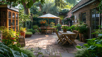 Obraz premium London garden in summer with patio, wooden garden furniture and a parasol or sun umbrella