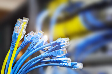 Lots of RJ45 UTP Cat6 LAN internet network cable fiber optic and Ethernet cables for computer data...