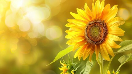 Obraz premium Yellow sunflower with green leaves vector illustration