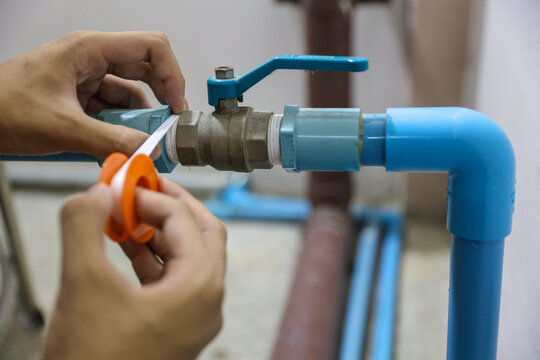 Concepts of how to use plumber (Teflon) Tape or PTFE thread tape for threaded connections pipes and prevent and fix water plumbing leaks drop.