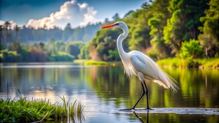 Obraz premium A majestic white bird with black head and neck feathers, waddling near a serene lake shore surrounded by