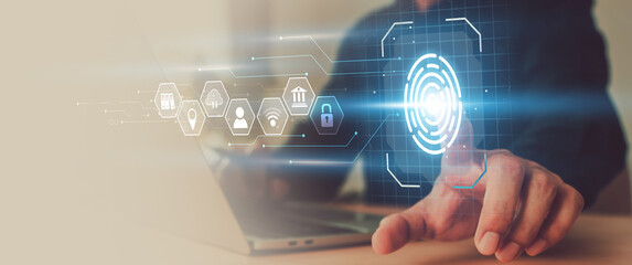 Hand and fingerprint scanning for identity account to access personal data or verification user id to login private computer network and cyber security concepts.