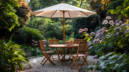 Obraz premium London garden in summer with patio, wooden garden furniture and a parasol or sun umbrella