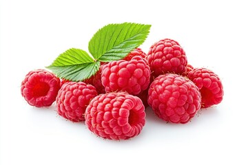 Ripe raspberries with leaf isolated on a white background, ai