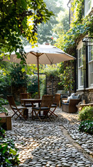Obraz premium London garden in summer with patio, wooden garden furniture and a parasol or sun umbrella