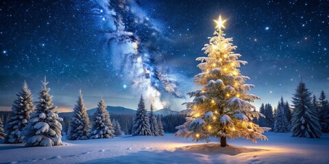 A majestic winter wonderland scene featuring a festively decorated evergreen tree wrapped in sparkling white Christmas