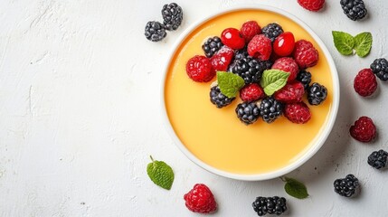 A white bowl with a yellow custard dessert topped with raspberries, blackberries, cherries, and mint leaves on a white textured background.