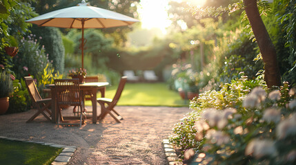 Obraz premium London garden in summer with patio, wooden garden furniture and a parasol or sun umbrella