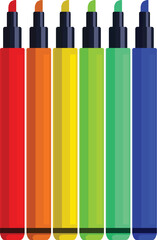 Six colorful highlighter markers standing up in a row over a white background