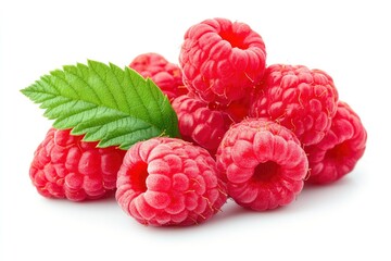 Ripe raspberries with leaf isolated on a white background, ai