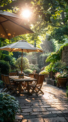 Obraz premium London garden in summer with patio, wooden garden furniture and a parasol or sun umbrella