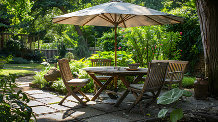 Obraz premium London garden in summer with patio, wooden garden furniture and a parasol or sun umbrella
