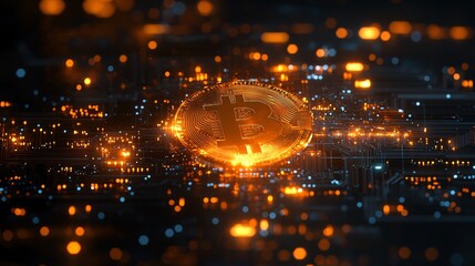 Bitcoin Cryptocurrency on Digital Circuit Board with Glowing Lights