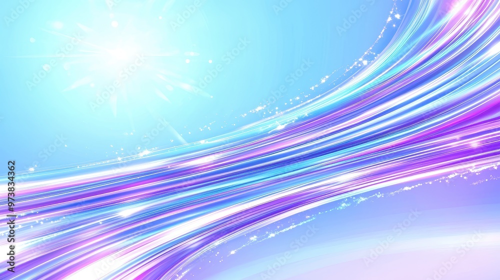 Poster abstract light blue background with purple and white lines and glowing sun