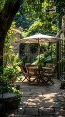 Obraz premium London garden in summer with patio, wooden garden furniture and a parasol or sun umbrella