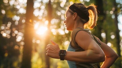 Active lifestyle with AI: Person jogging outdoors with smartwatch for performance analysis