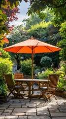 Obraz premium London garden in summer with patio, wooden garden furniture and a parasol or sun umbrella