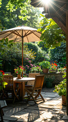 Fototapeta premium London garden in summer with patio, wooden garden furniture and a parasol or sun umbrella
